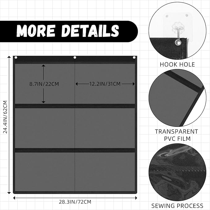 MotiMind 1 Pcs 6 Pockets Black Classroom Chart with Large Pockets 28.3 x 24.4 in, A4 Classroom Schedule Pocket Chart for Cards, Drawing, Pictures, Homework, Teacher Office Activities