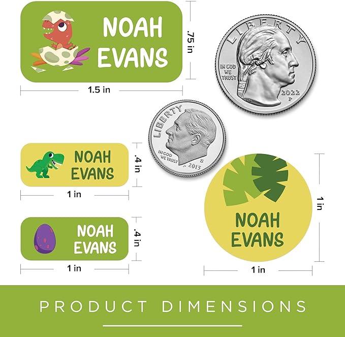 Personalized Daycare Name Labels for Kids, (130 Pack) Waterproof Custom Name Stickers for Clothing Tags, Lunch Boxes and School Supplies, Made in USA by MSC -Dinosaurs