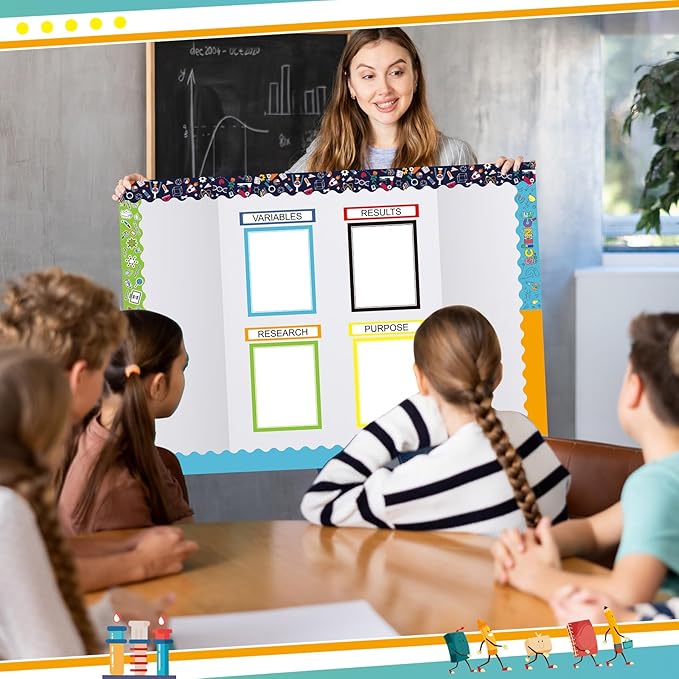 Fuyoooo 90 Pcs Science Fair Board Supplies 60 Trim Scalloped Bulletin Borders 24 Presentation Board Subtitles 6 Science Fair Titles for Classroom Display Boards (Colorful, Scientific Lab)