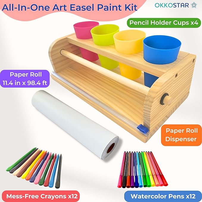 Wooden Tabletop Paper Roll Dispenser with Safety Sliding Cutter - Kids Art Easel with Roll of Paper (11.4”x 98.4ft)- Pencil Cups and Drawing Kit 30 Piece Set (Safety Sliding Cutter)