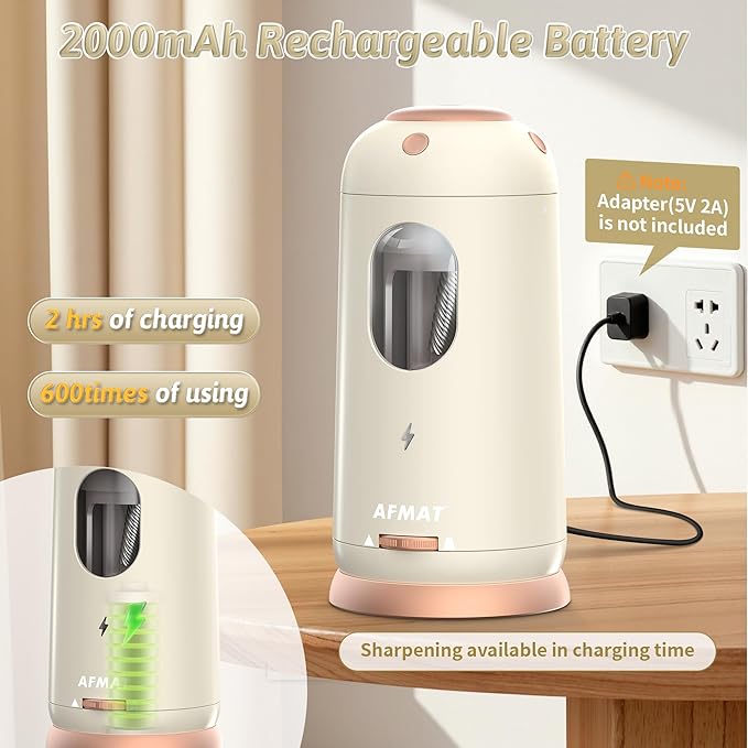 AFMAT Electric Pencil Sharpener, Auto in & Out, Fully Automatic Pencil Sharpener, Rechargeable Hands-Free Sharpeners for Jumbo & Colored Pencils (7-11.5mm), Good for Classroom/Home PSC8(Off White)
