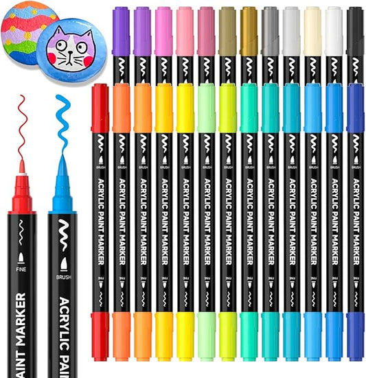 Shuttle Art 25 Colors Dual Tip Acrylic Paint Markers, Brush Tip and Fine Tip Acrylic Paint Pens for Rock, Ceramic, Wood, Canvas, Plastic, Glass, Stone, Calligraphy, Card Making, DIY Crafts