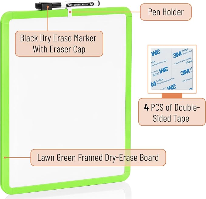 Mr. Pen- Dry Erase Board, 14” x 11” with a Black Dry Erase Marker, Lawn Green Frame, Small Mini White Board for Students, Fridge, Wall, Locker, Includes Double Sided Tapes