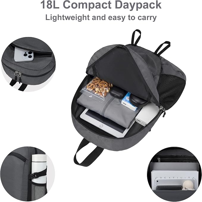Lightweight Hiking Backpack 18L Packable Foldable Small Daypack Collapsible Travel Bag Water-Resistant for Women Men (Gray)
