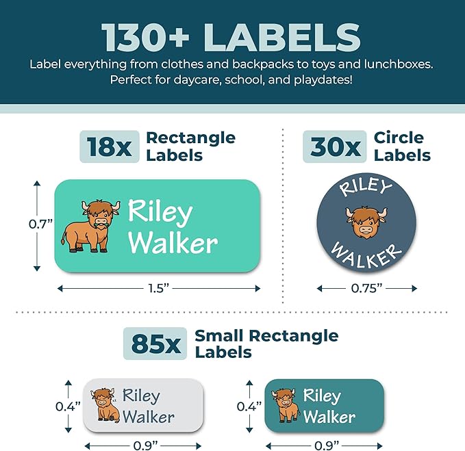 Bunny Badges Personalized Daycare Name Labels for Kids (130 Labels) - Custom Waterproof Name Stickers for Clothing Tags, Water Bottles, Lunch Boxes and School Supplies (Highland Cows)