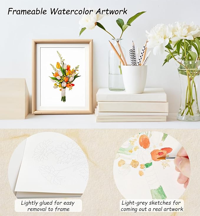 Watercolor Workbook for Beginners - Water Colors Paint Adult Set Including Video and Step by Step Tutorials,12 Flowers Water Coloring Book，300GSM Bleed-Resistant Paper，Relaxing Art Gift for Adults (Floral without Paints)