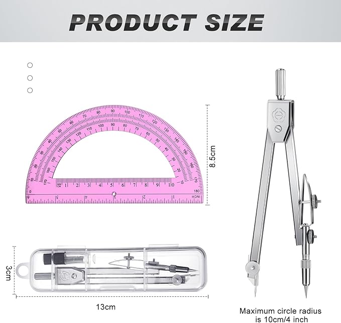 Zonon Student Protractor and Compass Set, Student Geometry Math Set, Compass for Geometry and 180 Degree 6 Inch Protractor for Drawing Measuring School Office (1 Pcs,Pink)