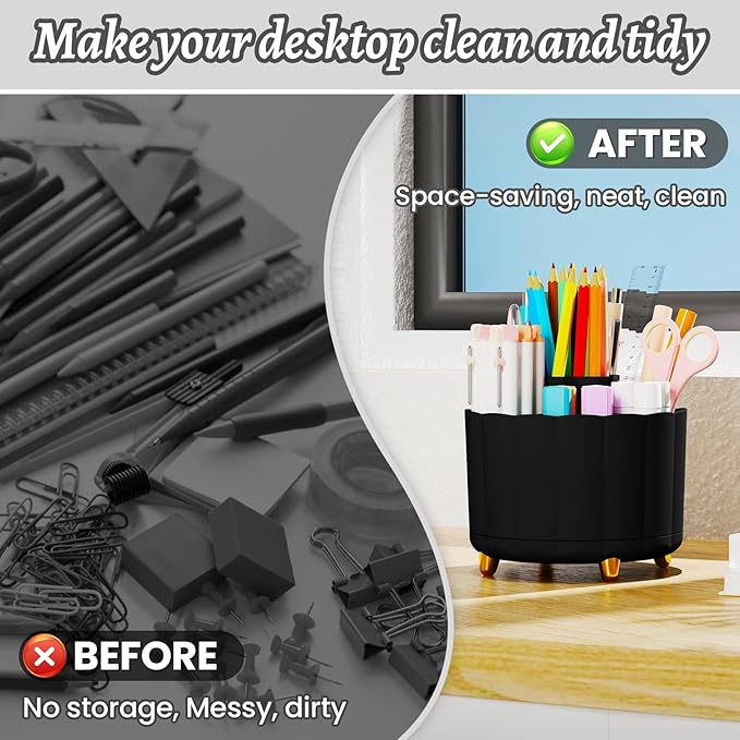 Pencil Holder for Desk 360 Rotating, Pen Holder for Desk or Classroom, Pencil Cup & Pen Organizer, Rotating Caddy, Makeup Brush Holders with 6 Slots, Black