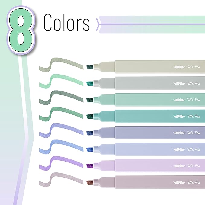 Mr. Pen- Aesthetic Highlighters No Bleed, 8 Pack, Pastel Colors, Chisel Tip, Cute Highlighters Assorted Colors for Journaling, Highlighting, Underlining, Fast Dry, Back to School Supplies