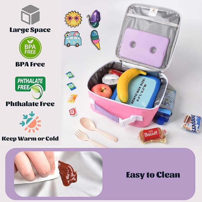 CaCTOUR Lunch Box Kids,Fun Color Lunch Box for Girls,Large Soft Cooler Lunch Bag for Kids,Back to School Thermal Insulated Lunch Tote Bag for School Daycare Outdoor (Light Purple)