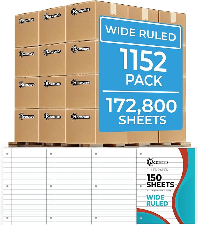 Rosmonde 1152 Pack (Pallet) Loose Leaf Paper Bulk, 172800 Sheets, Wide Ruled, Pallet of Filler Paper, 150 Sheets/Pack, 8 x 10.5", 3 Hole Punched, Thick Filler Paper, School & Office, 4-7 Days Transit