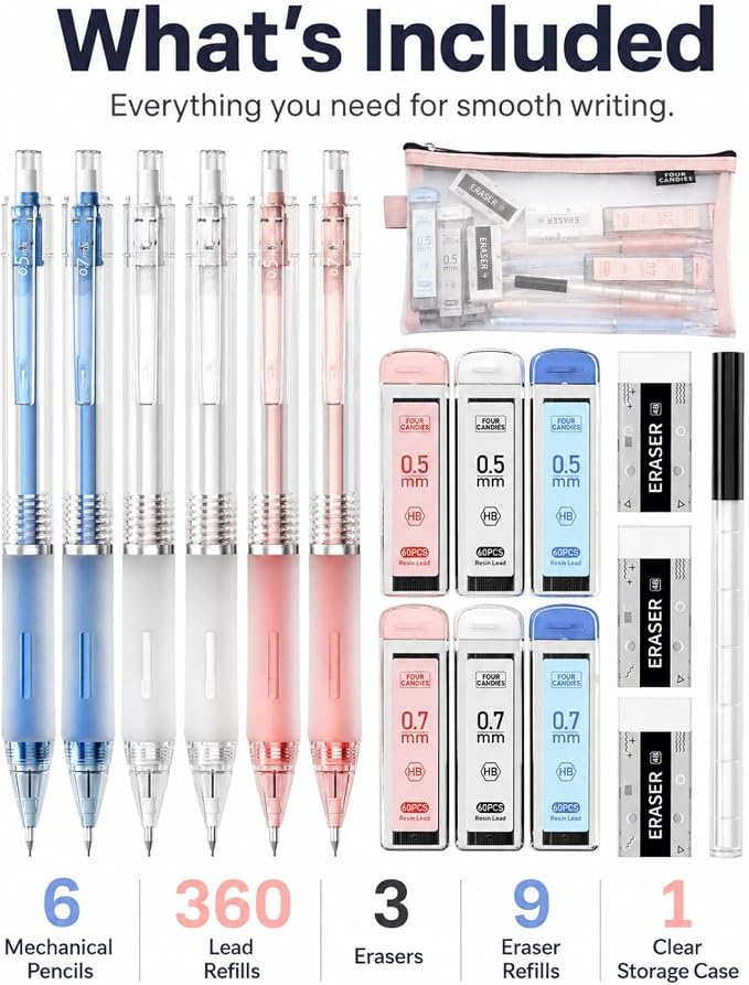 Four Candies Cute Mechanical Pencil Set, 6-Pack 0.5/0.7mm | Clear Storage Case, 360 Leads, 3 Erasers, 9 Eraser Refills, Non-Slip Rubber Grips, Aesthetic Design, for Writing and Drawing