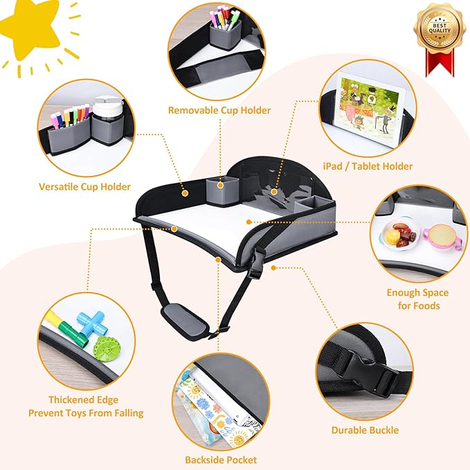 Kids Travel Tray for Toddler Carseat, Road Trip Activities Essentials, Kids Lap Desk Tray with Tablet Holder Stand and Dry Erase Board, Grey