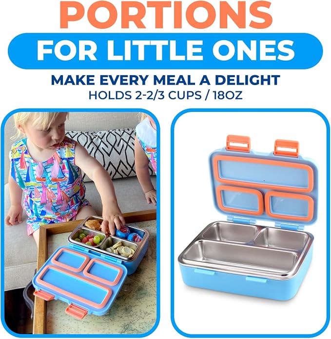 kinsho Small Stainless Steel Bento Box Lunch Container, Baby Toddlers, Blue | Mini Lunchbox, 3 Eco Metal Portion Sections, Leakproof Lid, Spill-Proof, 18 oz/ Boys Kids Snack Container Pre-School Daycare