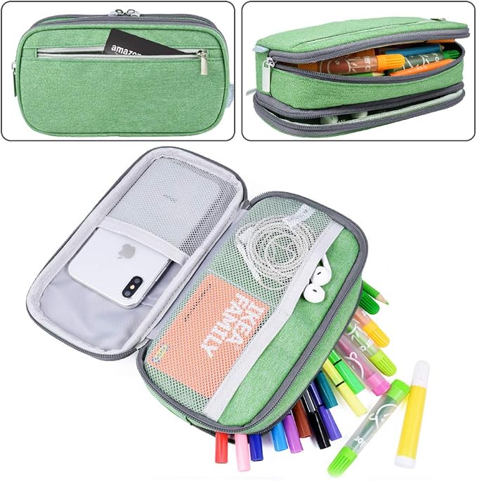 Chelory Big Pencil Case Large Capacity Pencil Bag Pouch High Storage Pen Holder Marker Makeup Bag Office Desk Stationery Organizer Supplies Adults-Green