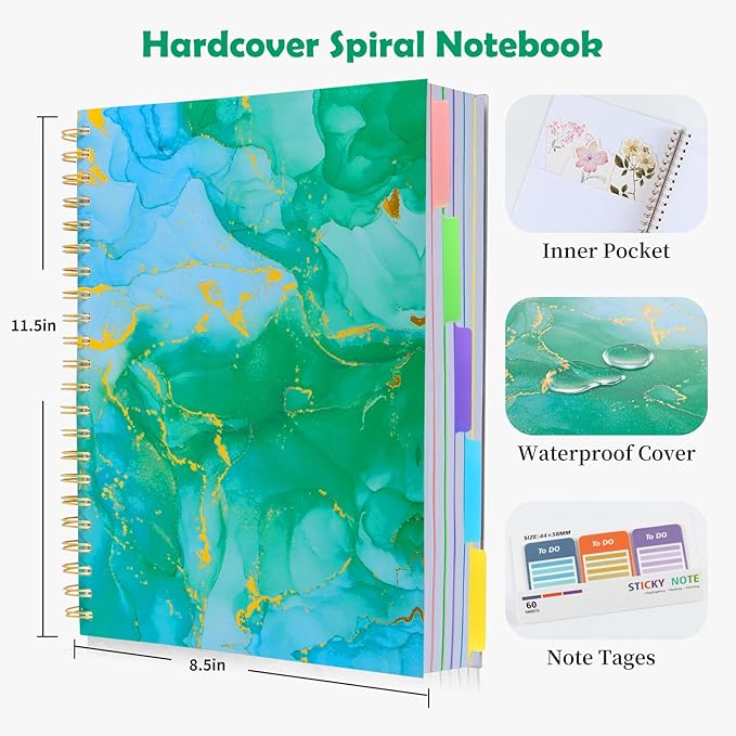 5 Subject Notebook for Work with Removable Dividers Tabs, Large 8.5" x 11 Spiral Lined Notebooks for School Note Taking & Organizer, A4 240 Pages College Ruled Journal for Women & Writing, Green