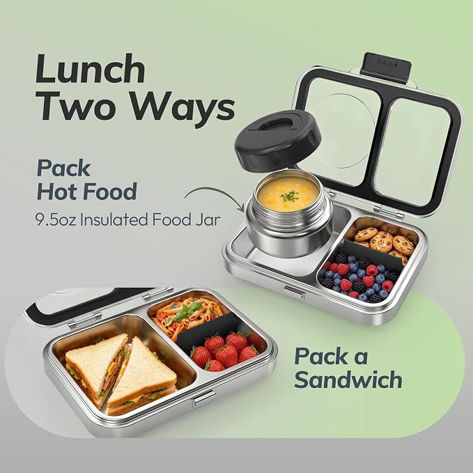 HOMEKOL Stainless Steel Bento Lunch Box + 9.5oz Insulated Food Jar, Black | 2-Compartment Leak-Proof Container for Kids & Adults, BPA/BPS-Free, 18/8 Metal, Dishwasher Safe, Clear Tritan Lid