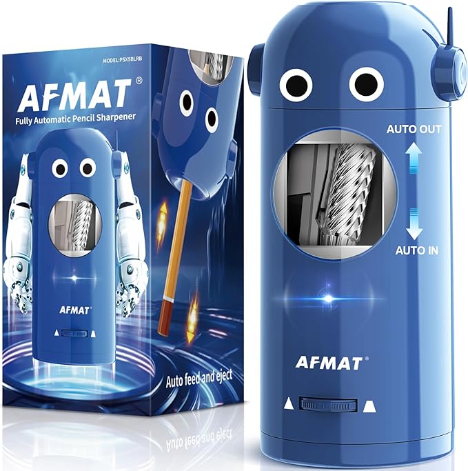 AFMAT Electric Pencil Sharpener for Colored Pencils 7-11.5mm, Fully Automatic Robot Pencil Sharpener, Auto in & Out, Rechargeable Hands-Free for Classroom/Home/Office, Battery Operated, PSX5RB, Blue