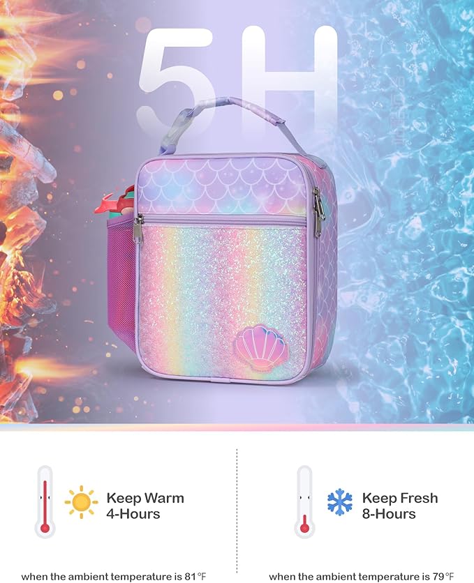 Bagseri Kids Lunch Box for Girls - Insulated Toddler Lunch Bag Fits Bento Box, Reusable Daycare Cooler Tote with Clip Handle, Water-Resistant Lining, Glitter Purple Mermaid
