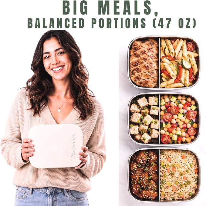Modaniam Flexibento -Stainless Steel Lunch Box 47 OZ Set,Bento Box, Stainless Steel Lunch Containers, Leak proof Metal lunch Box, 1 * 47 OZ+ 1 * 6.5 OZ,Vanilla-47 OZ+ 6.5 OZ set
