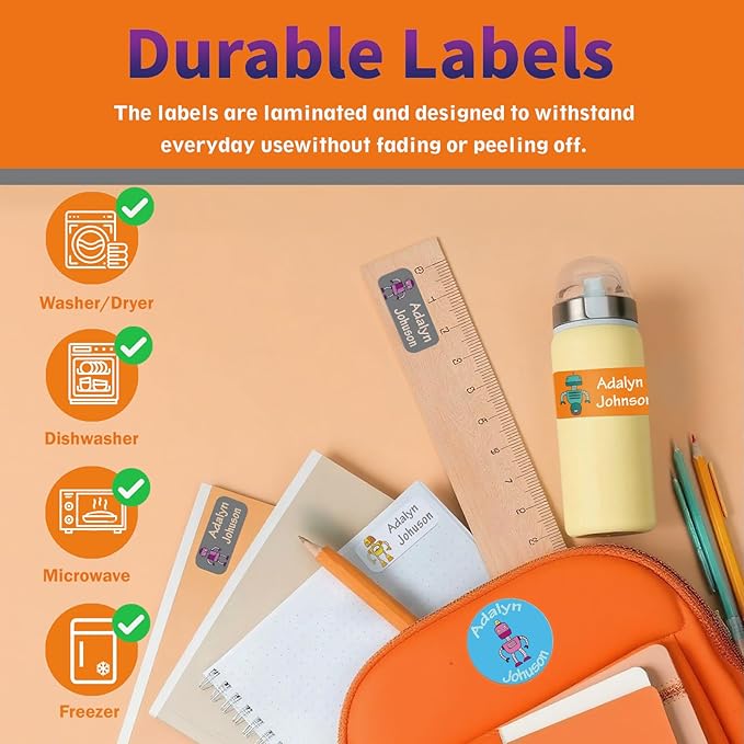 Custom Personalized Name Labels for Kids-(200-1000Labels) Waterproof Name Stickers Tags for School&Daycare,Clothing Tags,Washable&Durable Labels for Lunch Boxes, Bottles,Toys&GEA (Robots)