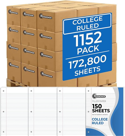 Rosmonde 1152 Pack (Pallet) Loose Leaf Paper Bulk, 172800 Sheets, College Ruled, 150 Sheets/Pack, 8 x 10.5", Pallet of Filler Paper, 3 Hole Punched For Ring Binder, School & Office, 4-7 Days Transit
