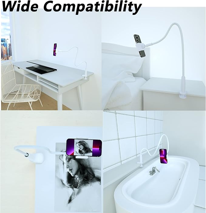 MAGIPEA Cell Phone Clip Bed Stand Holder, with Grip Flexible Long Arm Gooseneck Bracket Mount Clamp for Desk, Compatible with iPhone 14 Pro Max XR X 8 7 6 or Other 3.5-7" Devices (White)