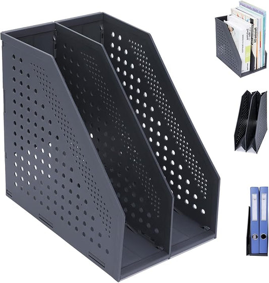 FRETONBA Collapsible Magazine File Holder with 2 Vertical Compartments Foldable Binder Holder for Desk Binder Storage Organizer Plastic Magazine Holders for Shelf, Dark Gray