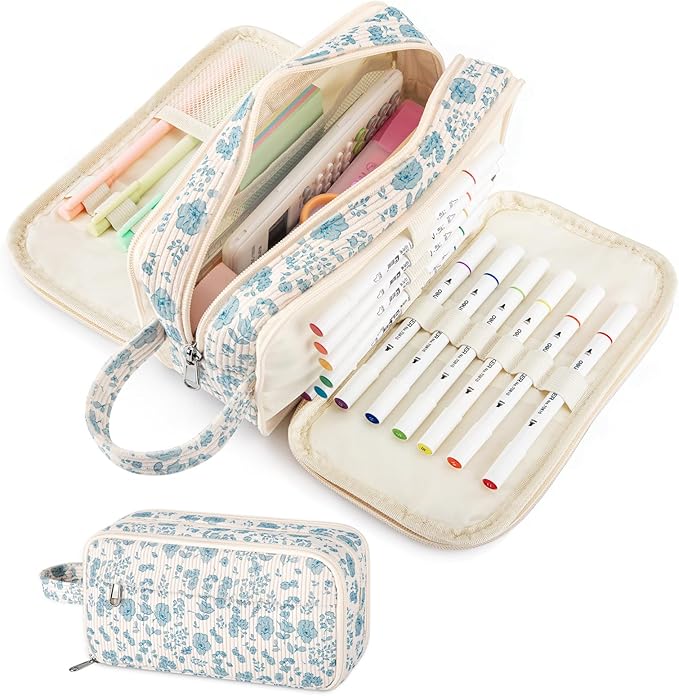 Cute Corduroy Pencil Case with Handle, Extra Large 4 Compartment Multiple Pockets Aesthetic Pencil Pouch Organizer for Teen Girls, School & College Supplies (Blue Flower)