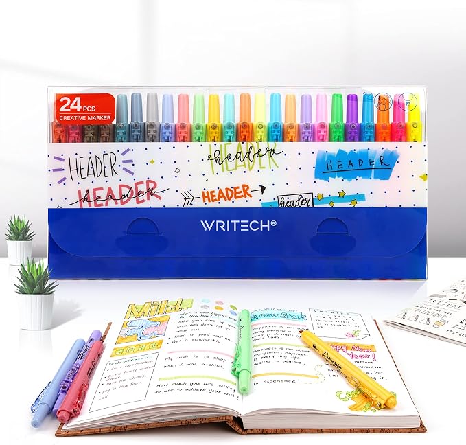 WRITECH Retractable Highlighters Chisel Tip: Assorted Colors 24ct Set | Multi Color Ink Mild Vintage Neon Pastel Big Pack No Bleed & Smear for Highlighting Journaling Drawing Coloring Note-taking