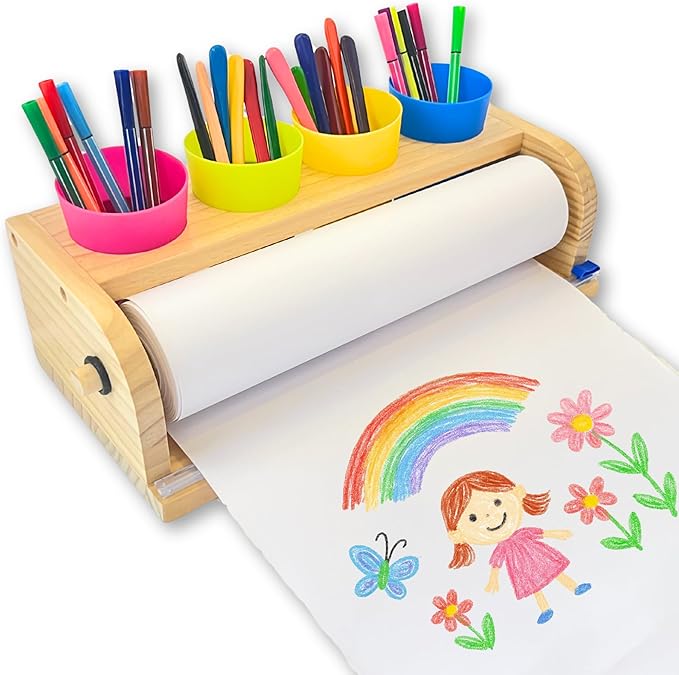 Wooden Tabletop Paper Roll Dispenser with Safety Sliding Cutter - Kids Art Easel with Roll of Paper (11.4”x 98.4ft)- Pencil Cups and Drawing Kit 30 Piece Set (Safety Sliding Cutter)
