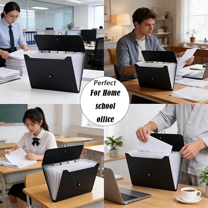 A4 Paper Document Organizer Expanding File Folder with 13 Pockets Accordion File Holder with Tabs for Home School Office, Black Plastic Material