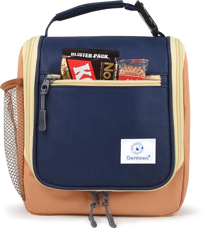 Genteen Kids Lunch Box, Insulated Lunch Bag for Kids, Toddler, Girl, and Boy; Holds Lunch Box, Water Bottle, & Snacks; Easy-Clean Water-Resistant Fabric & Multiple Zippered Pockets (Orange Blue)