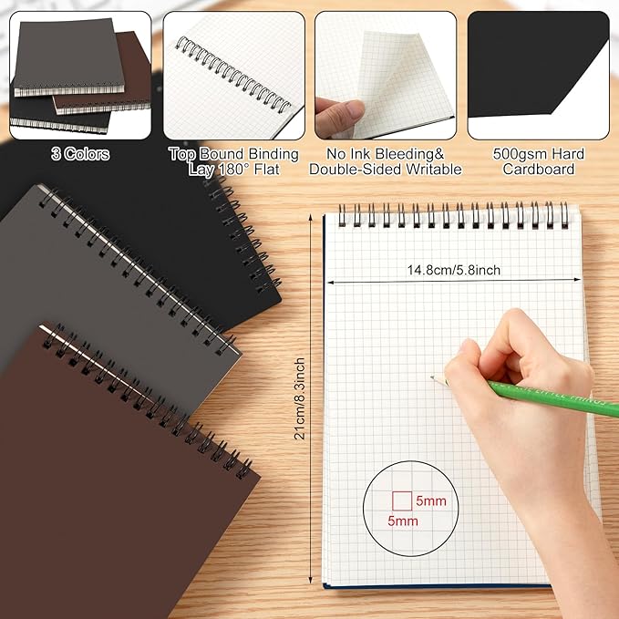 Engrowtic 3 Pack Graph Paper Spiral Notepad A5 Top Wirebound Notepad Grid Notebook Steno Pads Memo Notebook Grid Paper 140 Pages for Writing Sketching Drawing Office Supplies (Multicolor 1)