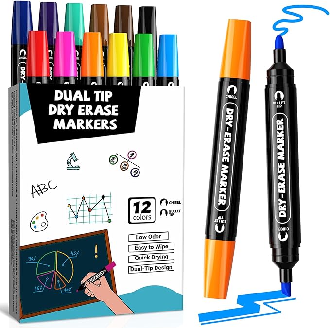 AKARUED 12 Colorful Dry Erase Markers: Dual Tip Dry & Wet Erase Marker With Thick Chisel& Bullet Tip, Double Sided Vibrant Whiteboard Markers for Whiteboard,Glass Board,Home,Office,Classroom Must-Have
