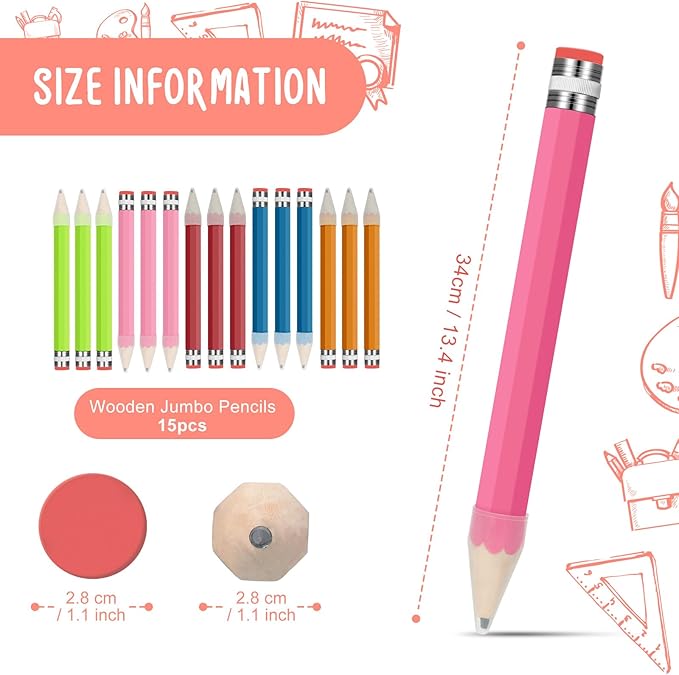 Fainne 15 Pcs Jumbo Pencils for Prop 13.4 Inch Wood Giant Pencil with Cap Big Funny Novelty Gift for Kids School Classroom Party Reward Supplies Teachers Students Gifts, 5 Colors