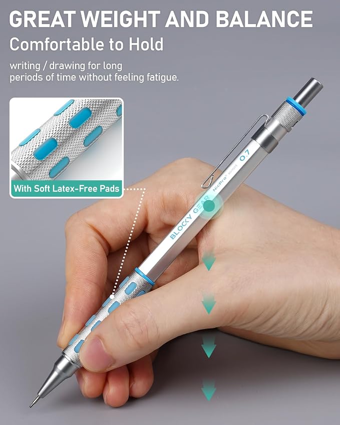 Nicpro Blocky Gear Metal Mechanical Pencil Set in Leather Case | 29PCS Art Drafting Pencils (0.3/0.5/0.7/0.9/2mm) with 330PCS Lead (HB 2H 4H 2B 4B 6B Color) For Writing Sketching Drawing