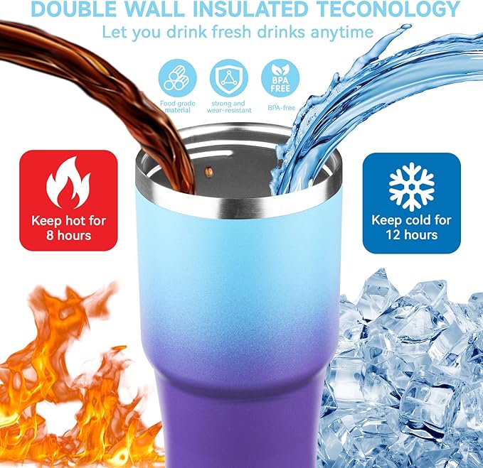 20oz Tumbler with Handle and Flip Straw Lid Double Wall Insulated Travel Coffee Mug Stainless Steel Vacuum Insulated Coffee Tumbler Cup for Hot and Cold Beverages Leak-proof&BPA-free（20oz,Blue Purple）