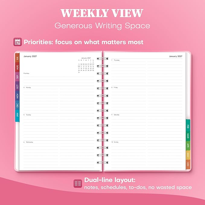 Planner 2026-2027 Monthly and Weekly Academic Planner July 2026 - June 2027, Hardcover Calendar 2026-2027 Agenda Daily Planner for Student Teacher School Office Supplies, 6" x 8.3", Pink Ombre