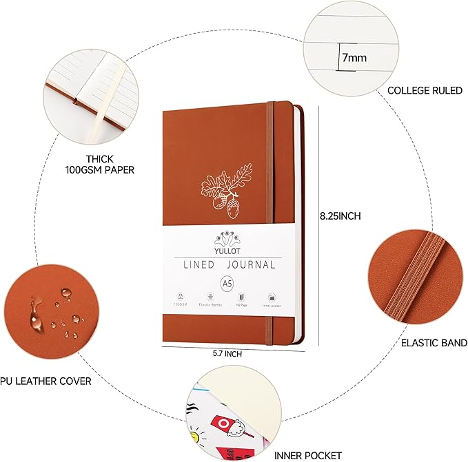 Lined Journal Notebook –A5 PU Leather Hardcover Notebook, 100gsm Thick Bleedproof Paper with Inner Pocket – 192Pages Lined Writing Journal for Students Women Note Taking - Deep Terracotta