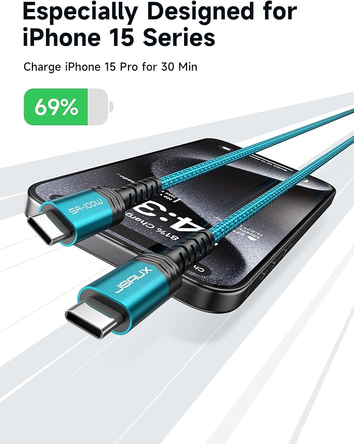JSAUX 100W USB C to USB C Cable for iPhone 17, USBC Type C Charge Cord 5A Fast Charging Compatible with iPhone 17 Air 16 15 Pro Max Samsung Galaxy S25 S24 MacBook iPad Carplay (2-Pack, 6.6ft) Green
