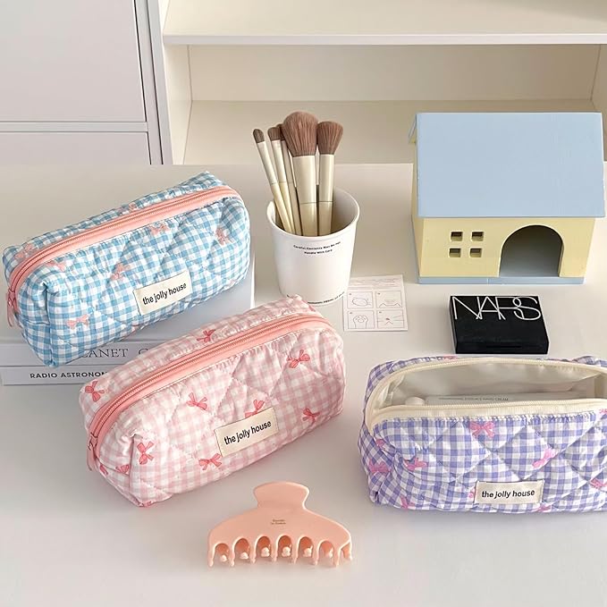 Carry bloom Pencil Pouch Cute Pencil Case for Girls Aesthetic Pencil Bag with Zipper Pen Cases School Supplies Makeup Bag (Checkered bow blue)