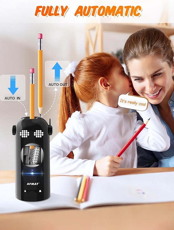 AFMAT Electric Pencil Sharpener Fully Automatic, Colored Pencil Sharpeners for 7-11.5mm Pencils, Rechargeable Hands-Free Robot Sharpener for Classroom, Home, Office, Battery Operated, PSX5EW, Black