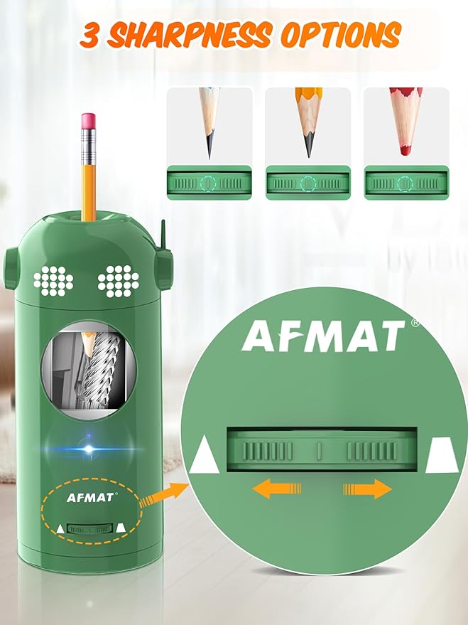 AFMAT Electric Pencil Sharpener Fully Automatic, Colored Pencil Sharpeners for 7-11.5mm Pencils, Rechargeable Hands-Free Robot Sharpener for Classroom, Home, Office, Battery Operated, PSX5EW, Green