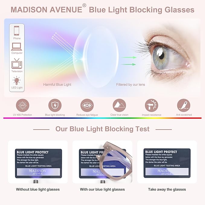 Madison Avenue Blue Light Blocking Glasses Oversized Fashion Blue Light Glasses for Women Anti Eyestrain & UV Protection Computer Eyeglasses (Milk Grey Brown)