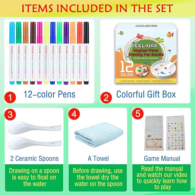 Kiddies Create Magical Floating Drawings Bundle, 12 Colors Magic Drawing Pens for Kids Water, Magical Water Painting Pen Set with Spoons & Towel, Water Art Markers for Tattoo, Gifts for Boys & Girls