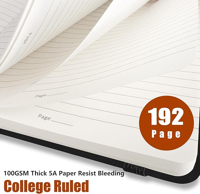 Lined Journal Notebook, A5, 192 Pages 100 GSM Thick Paper, Hardcover Leather College Ruled Journal for Writing, Men Women, Journaling, Daily, Work, Office, Home School Business(Black)
