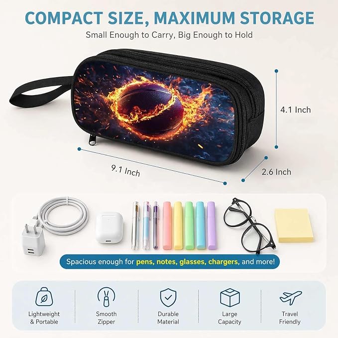 Firmiso Kids Pencil Case, Flaming Basketball Graphic, Large Capacity Double Zipper Pencil Pouch with Compartments, Durable Polyester School Supplies Organizer, Pen Bag for Boys Girls Students