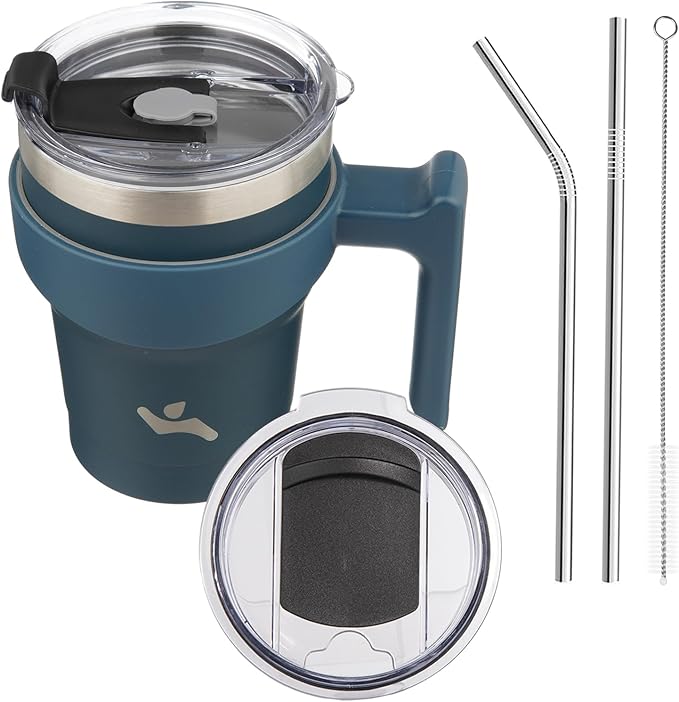 Konokyo 10 oz Tumbler with Handle and 2 Straw 2 Lid, Insulated Water Bottle Stainless Steel Vacuum Cup Reusable Travel Mug, Navy Blue