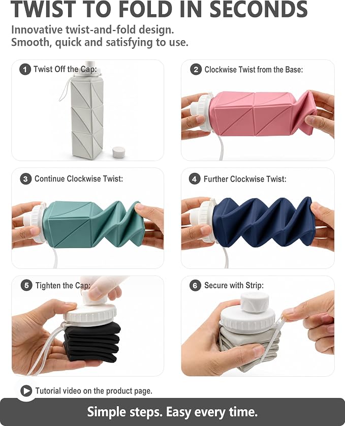 BEAUTAIL Collapsible Water Bottles 21oz/610mL, Silicone Travel Water Bottle | BPA Free, Leakproof & Reusable, Foldable Water Bottle for Traveling, Hiking, Gym, School, Sports, Outdoor, 1-Pack, Starlight